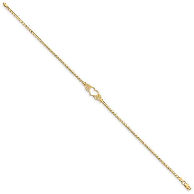 14k Polished Open Heart with Filigree and Bismark Chain Anklet