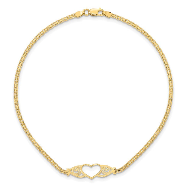 14k Polished Open Heart with Filigree and Bismark Chain Anklet