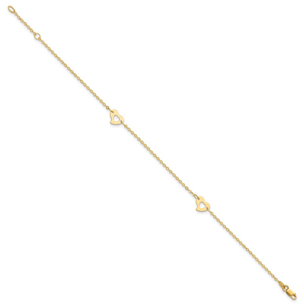 14k Polished Cut-out Heart Anklet Plus Extender