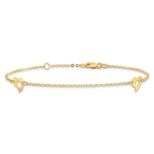 14k Polished Cut-out Heart Anklet Plus Extender
