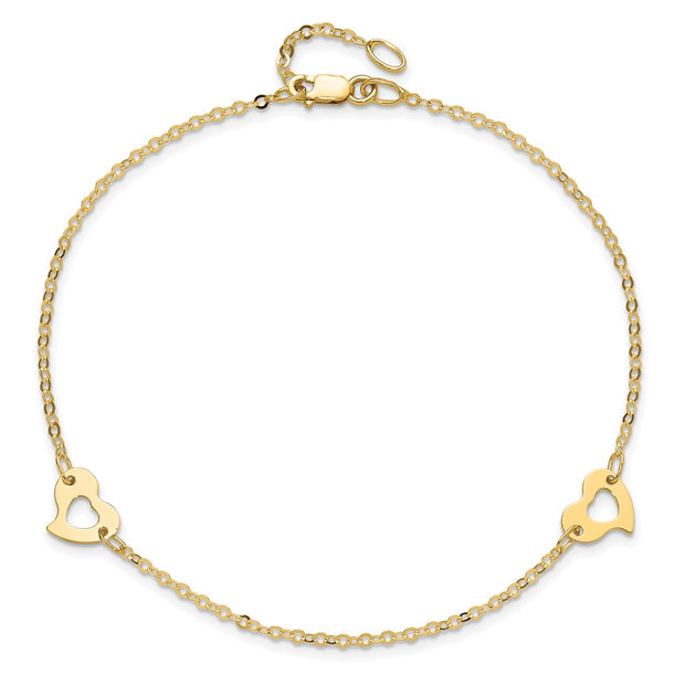 14k Polished Cut-out Heart Anklet Plus Extender