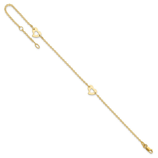 14k Polished Cut-out Heart Anklet Plus Extender