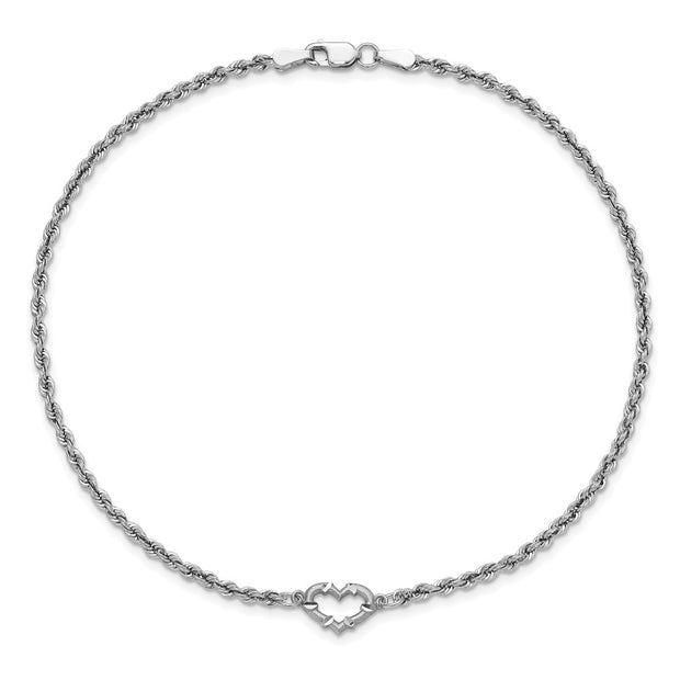 14k White Gold Diamond-cut Open Heart and Rope Chain Anklet
