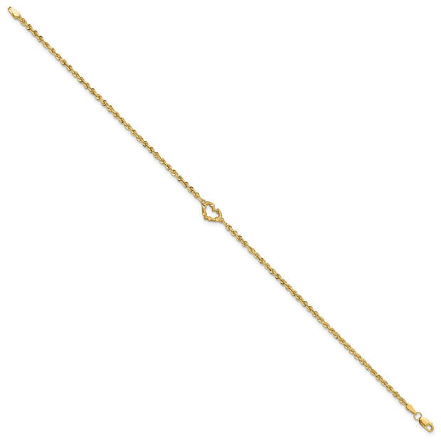 14k Diamond-cut Open Heart and Rope Chain Anklet