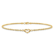 14k Diamond-cut Open Heart and Rope Chain Anklet