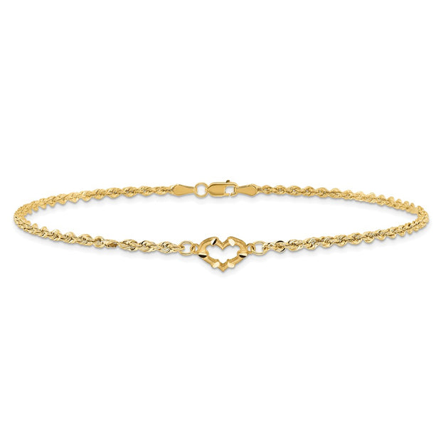 14k Diamond-cut Open Heart and Rope Chain Anklet