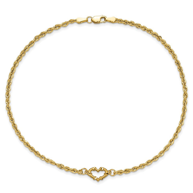 14k Diamond-cut Open Heart and Rope Chain Anklet