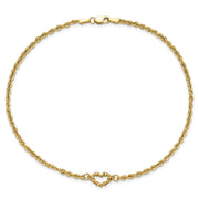 14k Diamond-cut Open Heart and Rope Chain Anklet