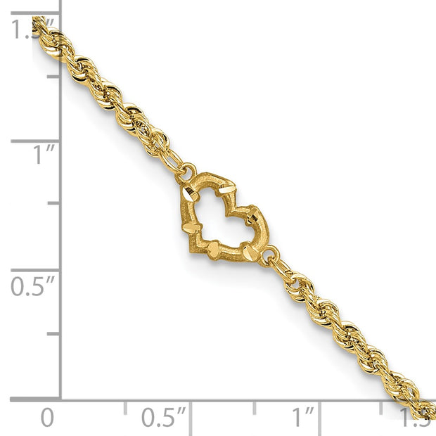 14k Diamond-cut Open Heart and Rope Chain Anklet