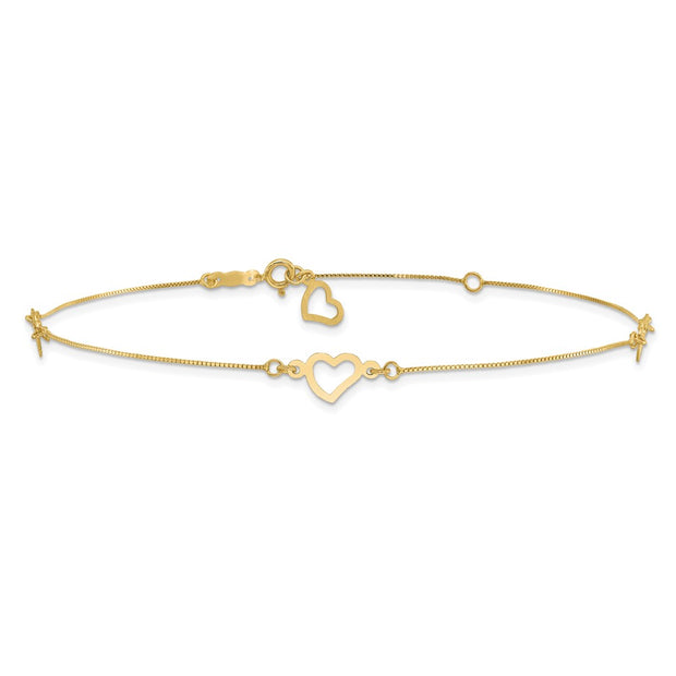 14K Fancy Open Hearts 3-Station Anklet Plus Heart Dangle Extender