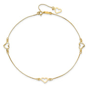 14K Fancy Open Hearts 3-Station Anklet Plus Heart Dangle Extender