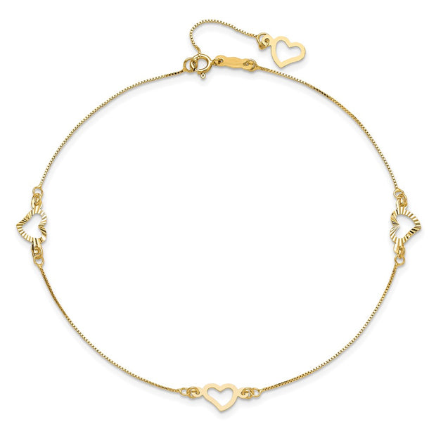 14K Fancy Open Hearts 3-Station Anklet Plus Heart Dangle Extender