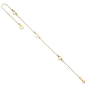 14K Fancy Open Hearts 3-Station Anklet Plus Heart Dangle Extender