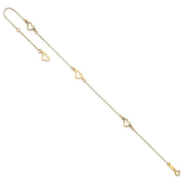 14K Fancy Open Hearts 3-Station Anklet Plus Heart Dangle Extender