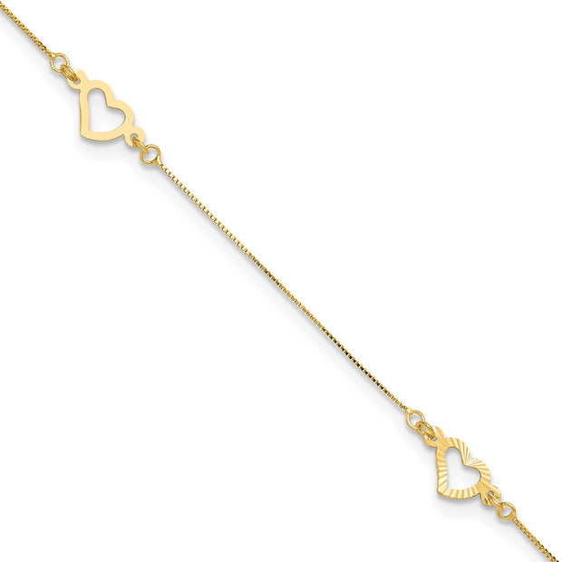 14K Fancy Open Hearts 3-Station Anklet Plus Heart Dangle Extender