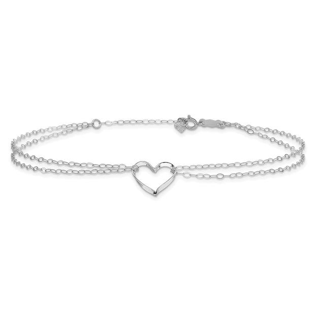 14k White Gold Double Strand Chain and Open Twisted Heart Anklet Plus Heart Dangle Extender