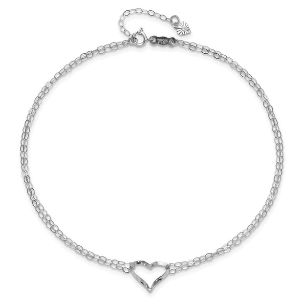 14k White Gold Double Strand Chain and Open Twisted Heart Anklet Plus Heart Dangle Extender