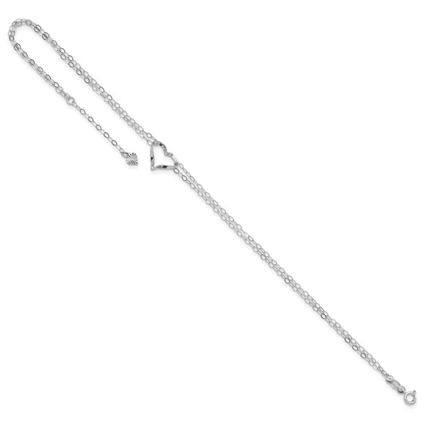 14k White Gold Double Strand Chain and Open Twisted Heart Anklet Plus Heart Dangle Extender