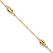 14k Polished Cable Chain and Diamond-cut Rice Puff Beads 4-Station Anklet Plus Extender