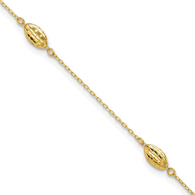 14k Polished Cable Chain and Diamond-cut Rice Puff Beads 4-Station Anklet Plus Extender
