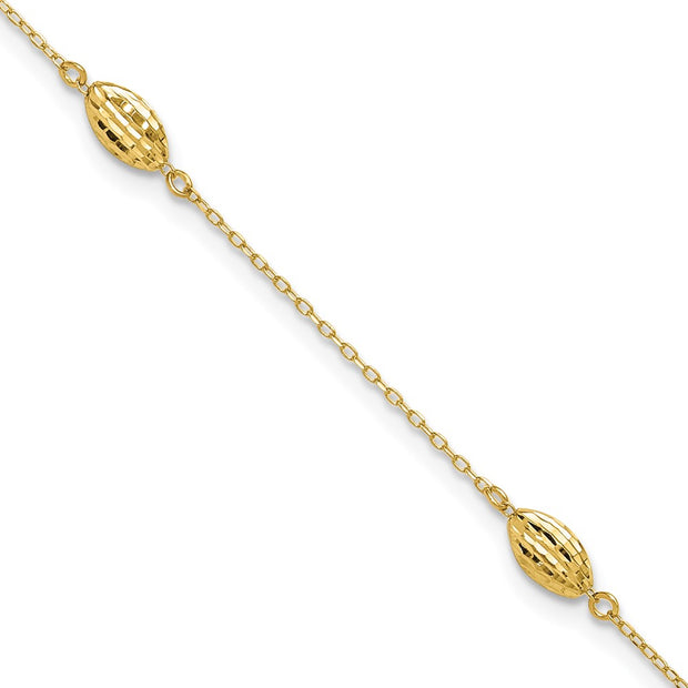 14k Polished Cable Chain and Diamond-cut Rice Puff Beads 4-Station Anklet Plus Extender