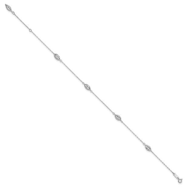 14k White Gold Polished Cable Chain and Diamond-cut Rice Puff Beads 4-Station Anklet Plus Extender