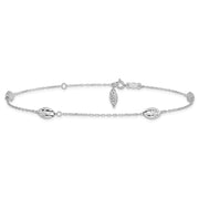 14k White Gold Polished Cable Chain and Diamond-cut Rice Puff Beads 4-Station Anklet Plus Extender