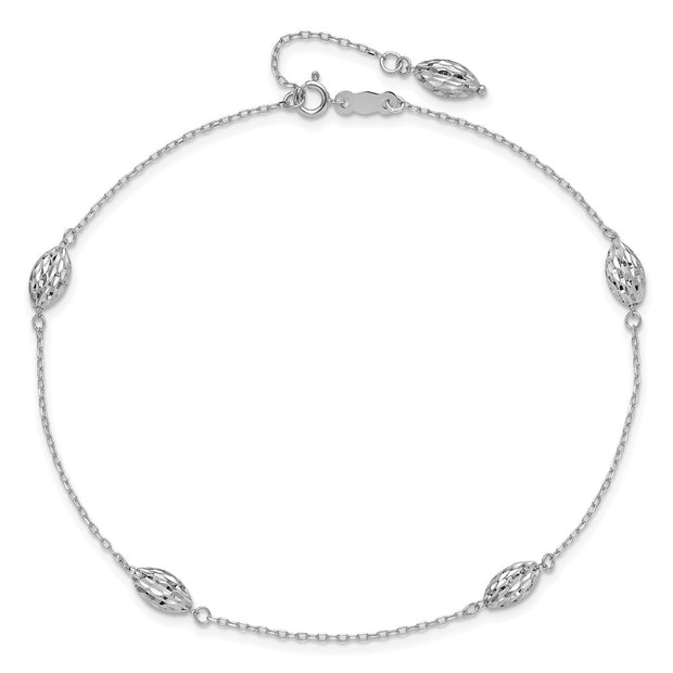 14k White Gold Polished Cable Chain and Diamond-cut Rice Puff Beads 4-Station Anklet Plus Extender