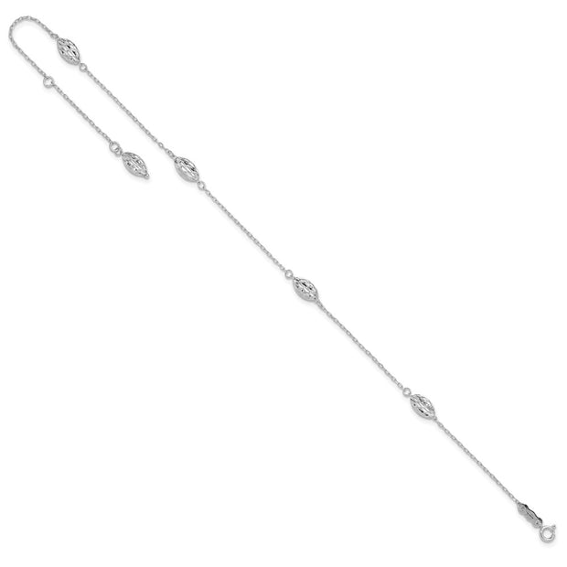 14k White Gold Polished Cable Chain and Diamond-cut Rice Puff Beads 4-Station Anklet Plus Extender