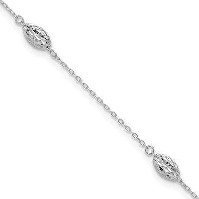 14k White Gold Polished Cable Chain and Diamond-cut Rice Puff Beads 4-Station Anklet Plus Extender