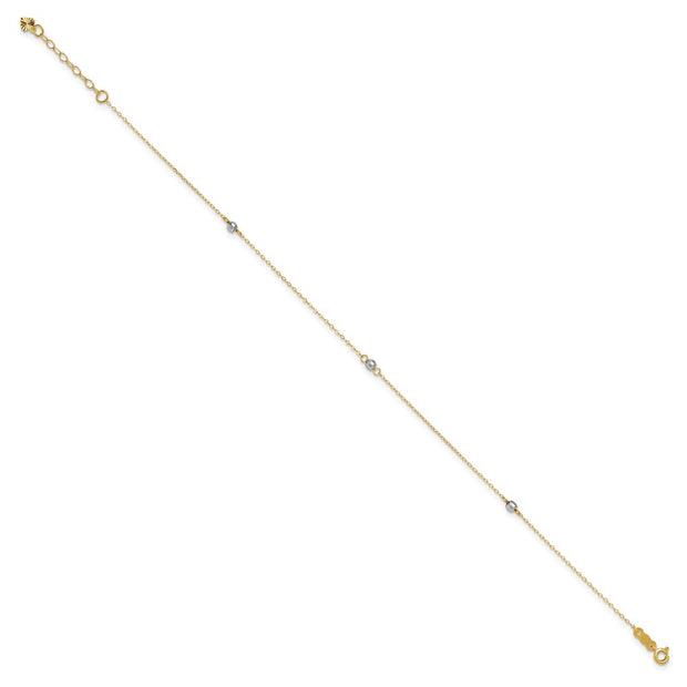 14k Two-tone Mirror Beads 3-Station Anklet Plus Heart Dangle Extender