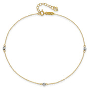 14k Two-tone Mirror Beads 3-Station Anklet Plus Heart Dangle Extender