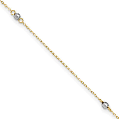 14k Two-tone Mirror Beads 3-Station Anklet Plus Heart Dangle Extender