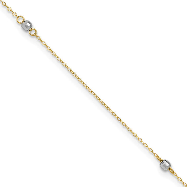 14k Two-tone Mirror Beads 3-Station Anklet Plus Heart Dangle Extender