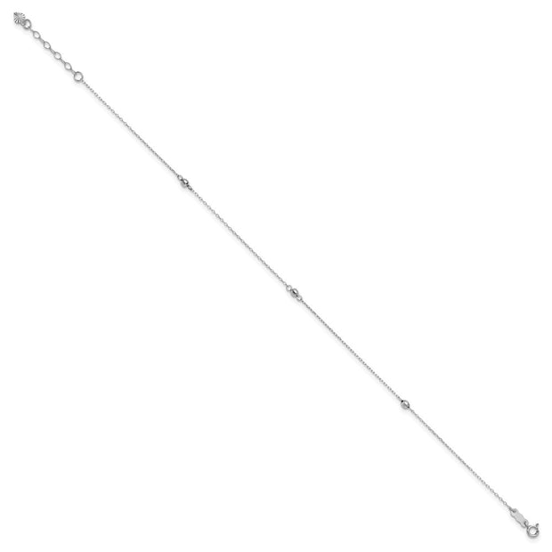 14K White Gold Mirror Beads 3-Station Anklet Plus Heart Dangle Extender