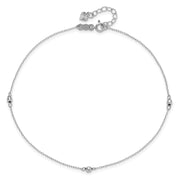 14K White Gold Mirror Beads 3-Station Anklet Plus Heart Dangle Extender