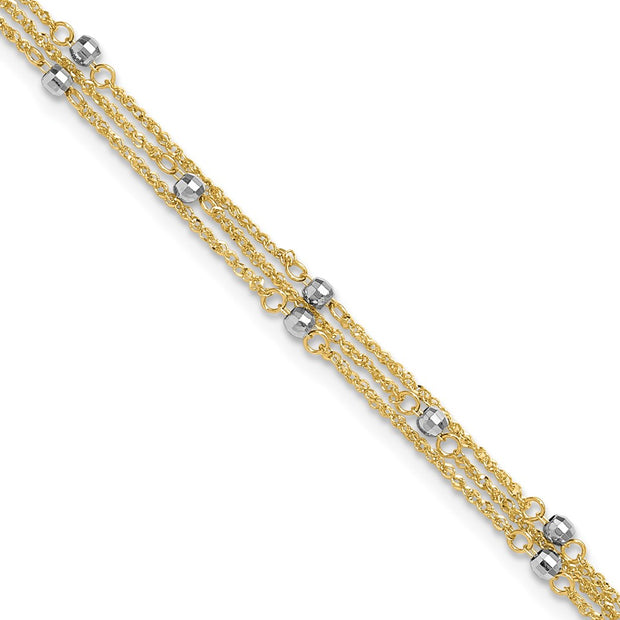14k Two-tone Triple Strand Spiga Chain with Mirror Beads Anklet Plus Heart Dangle Extender