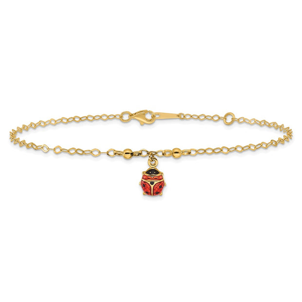 14K Red and Black Enameled Ladybug Anklet Plus Extender