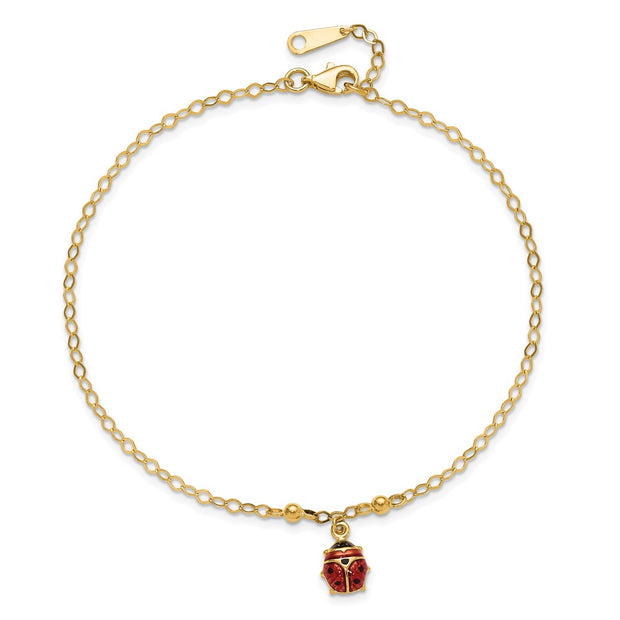 14K Red and Black Enameled Ladybug Anklet Plus Extender