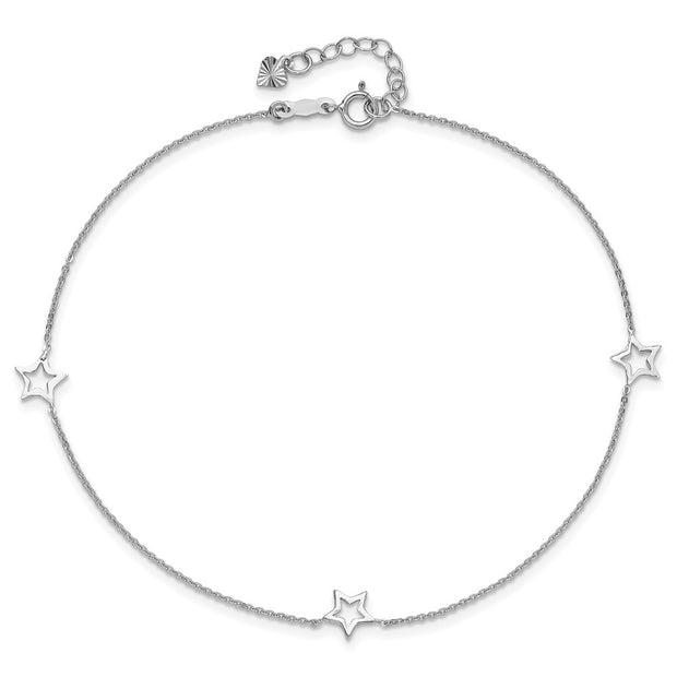 14K White Gold Open Star 3-Station Anklet Plus Heart Dangle Extender