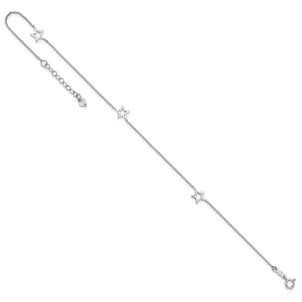 14K White Gold Open Star 3-Station Anklet Plus Heart Dangle Extender