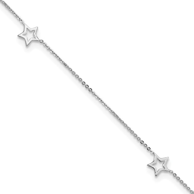 14K White Gold Open Star 3-Station Anklet Plus Heart Dangle Extender