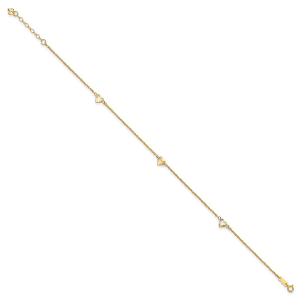 14k Diamond-cut Hearts 3-Station Anklet Plus Heart Dangle Extender