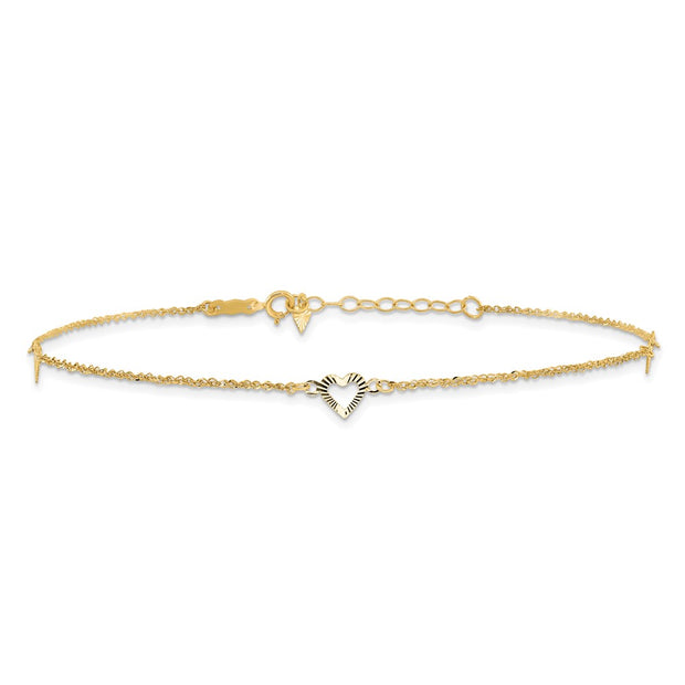 14k Diamond-cut Hearts 3-Station Anklet Plus Heart Dangle Extender