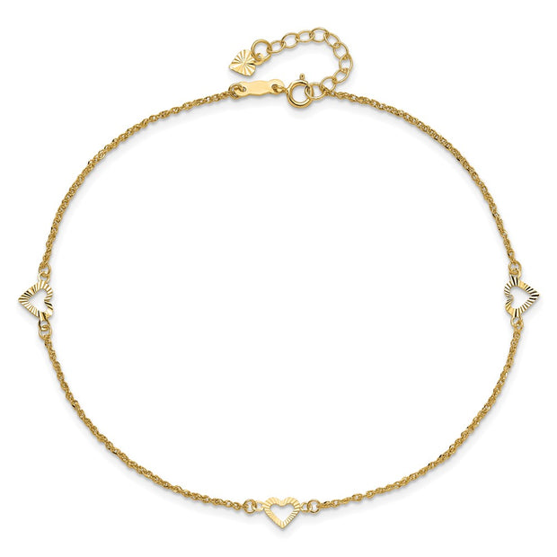 14k Diamond-cut Hearts 3-Station Anklet Plus Heart Dangle Extender