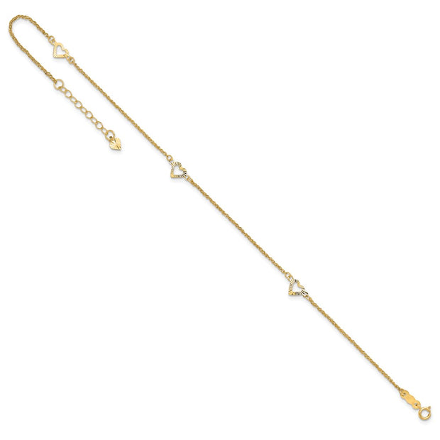 14k Diamond-cut Hearts 3-Station Anklet Plus Heart Dangle Extender