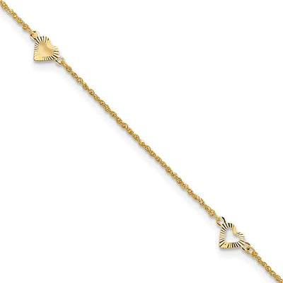 14k Diamond-cut Hearts 3-Station Anklet Plus Heart Dangle Extender