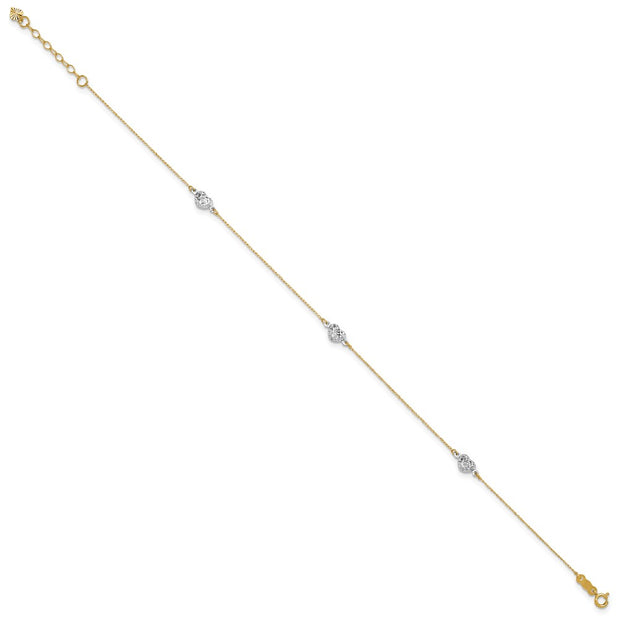 14k Two-tone Polished Diamond-cut Triple Puffed Hearts Anklet Plus Heart Dangle Extender