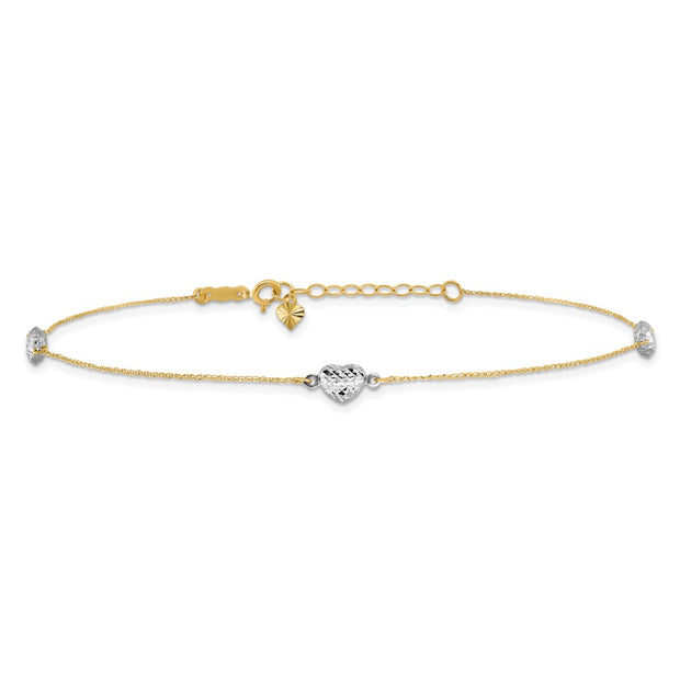 14k Two-tone Polished Diamond-cut Triple Puffed Hearts Anklet Plus Heart Dangle Extender