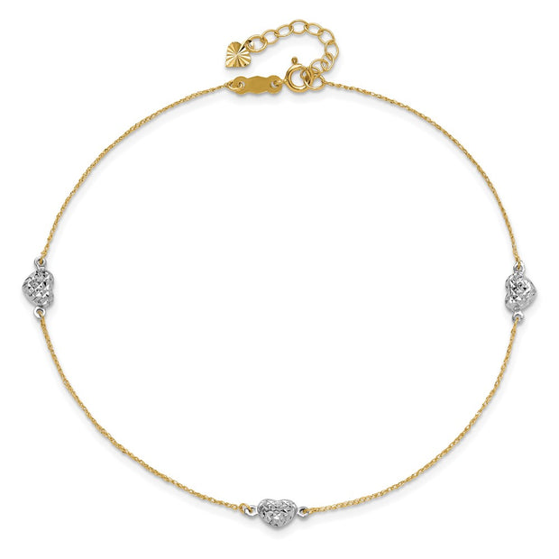 14k Two-tone Polished Diamond-cut Triple Puffed Hearts Anklet Plus Heart Dangle Extender